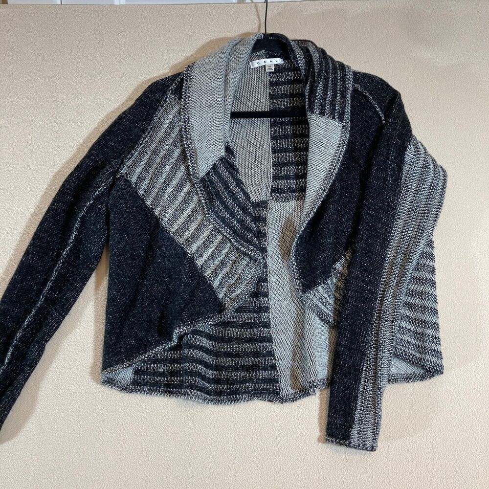 CAbi Patchwork Cardigan Sz M Black/Gray Open Front Collared Wool Blend